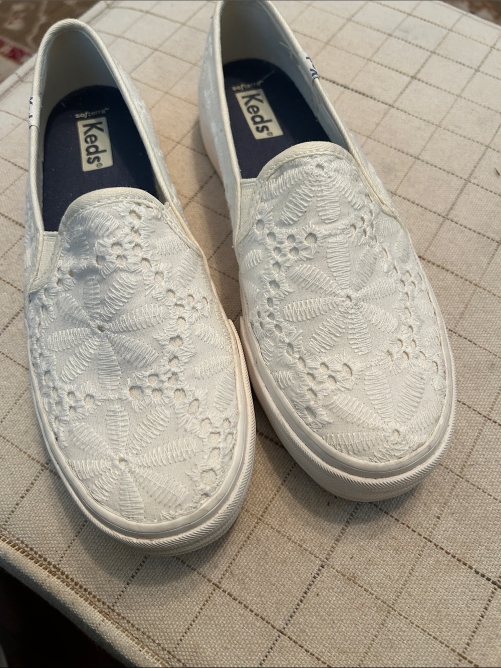 Keds White Embroidered Slip-On Sneakers